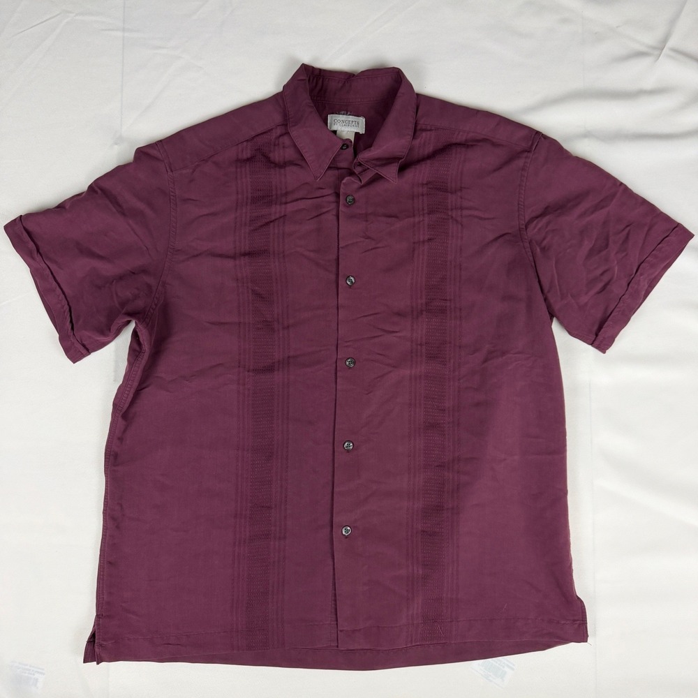 Concepts by Claiborne Mens Large Burgundy Guayabera‎ Short Sleeve Button Down